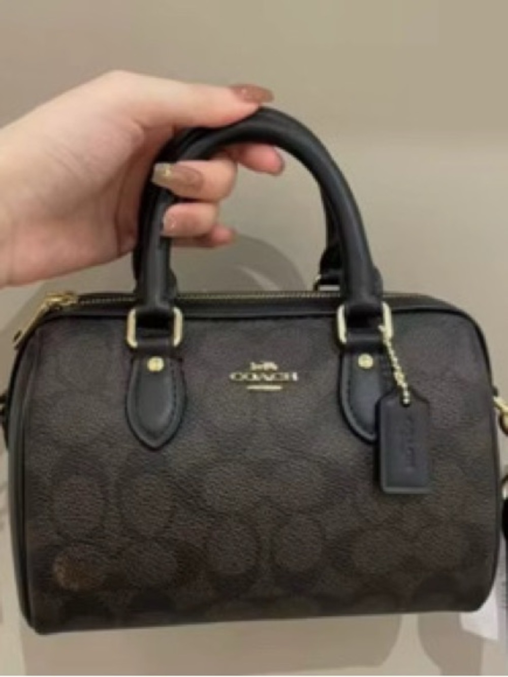 Coach Dark Brown Signature Mini Satchel with Black Handles